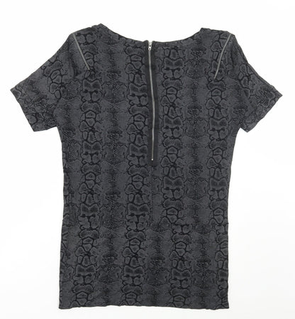Marks and Spencer Womens Grey Animal Print Polyester Basic T-Shirt Size 8 Scoop Neck