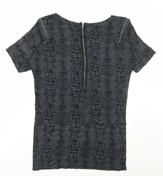 Marks and Spencer Womens Grey Animal Print Polyester Basic T-Shirt Size 8 Scoop Neck