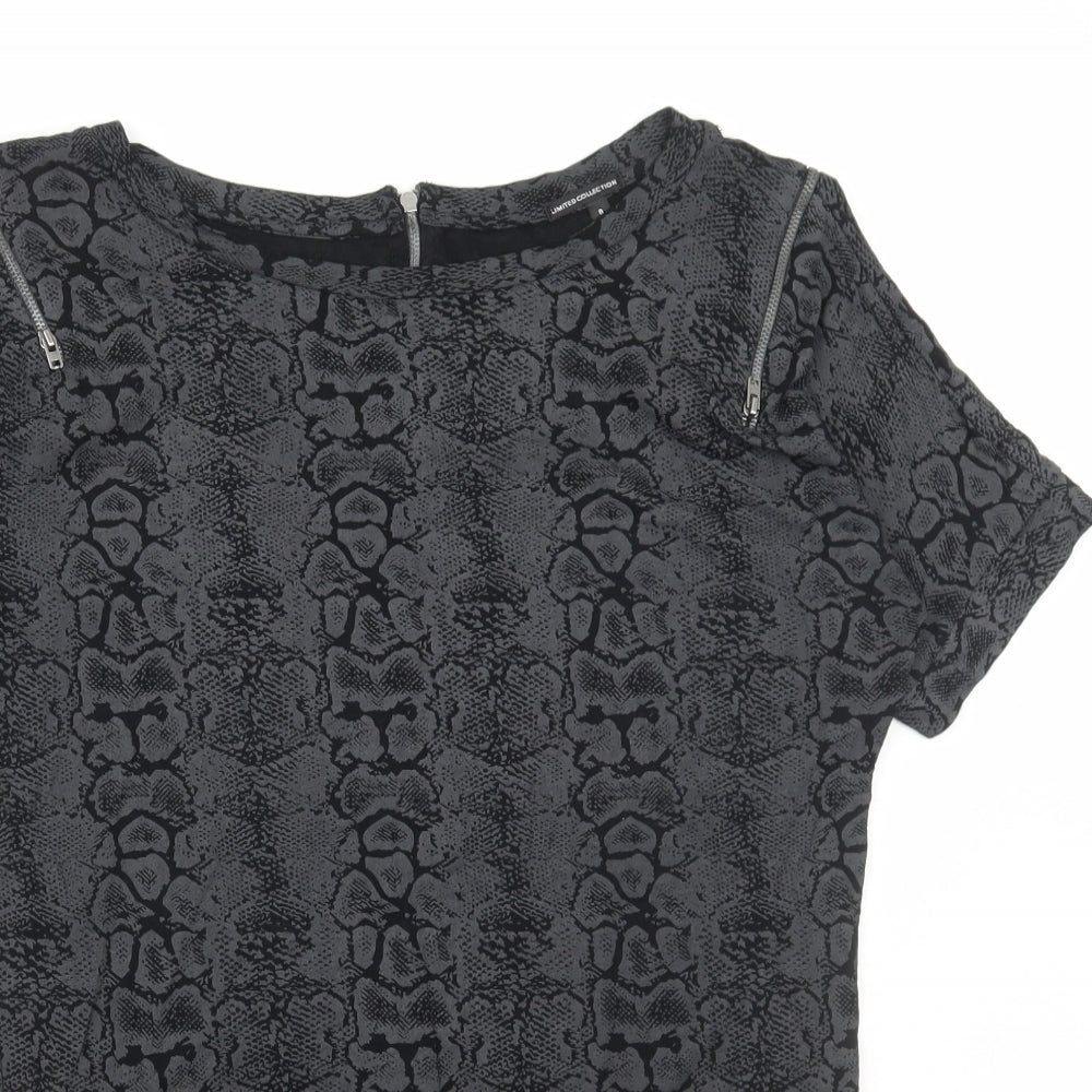 Marks and Spencer Womens Grey Animal Print Polyester Basic T-Shirt Size 8 Scoop Neck