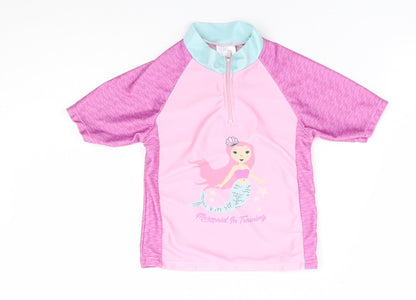 Hullabaloo Girls Pink Polyester Jersey T-Shirt Size 4-5 Years Mock Neck Zip - Rashguard, Mermaid in Training