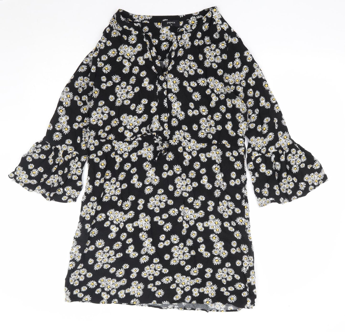 Papaya Womens Black Floral Viscose A-Line Size 10 V-Neck Button