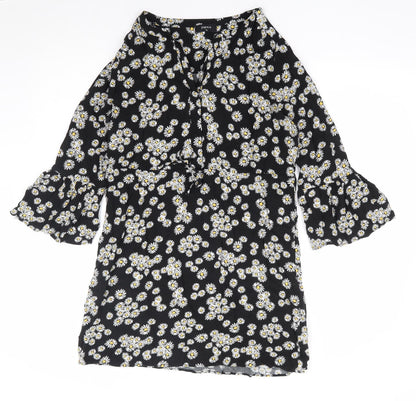 Papaya Womens Black Floral Viscose A-Line Size 10 V-Neck Button