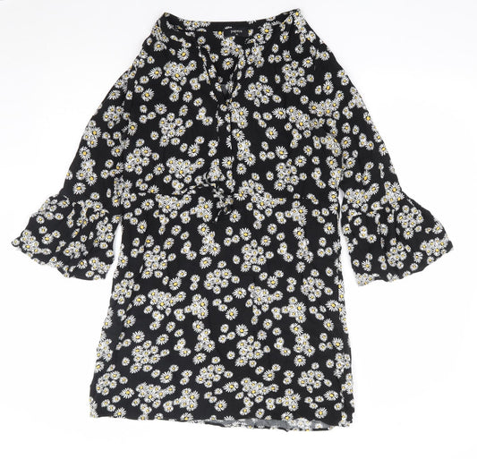 Papaya Womens Black Floral Viscose A-Line Size 10 V-Neck Button