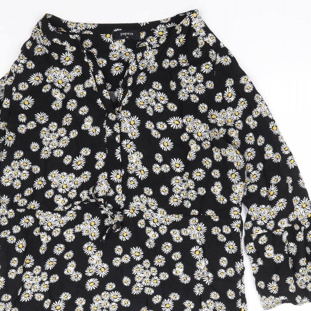 Papaya Womens Black Floral Viscose A-Line Size 10 V-Neck Button