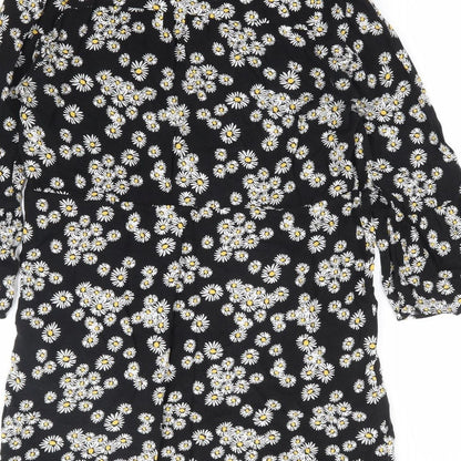Papaya Womens Black Floral Viscose A-Line Size 10 V-Neck Button