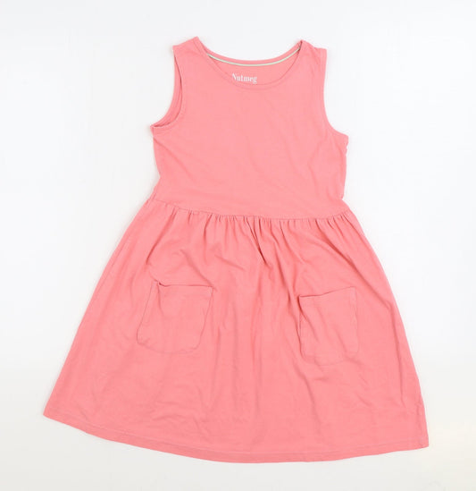 Nutmeg Girls Pink 100% Cotton Skater Dress Size 9-10 Years Round Neck Pullover