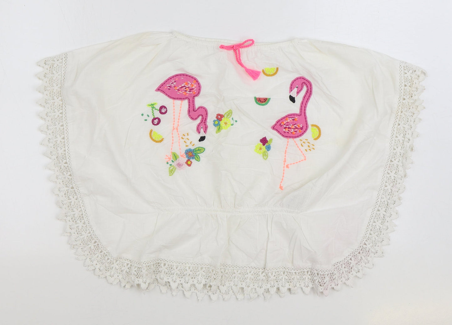 NEXT Girls White 100% Cotton Basic Blouse Size 7 Years Boat Neck Pullover - Flamingo Lace Trim
