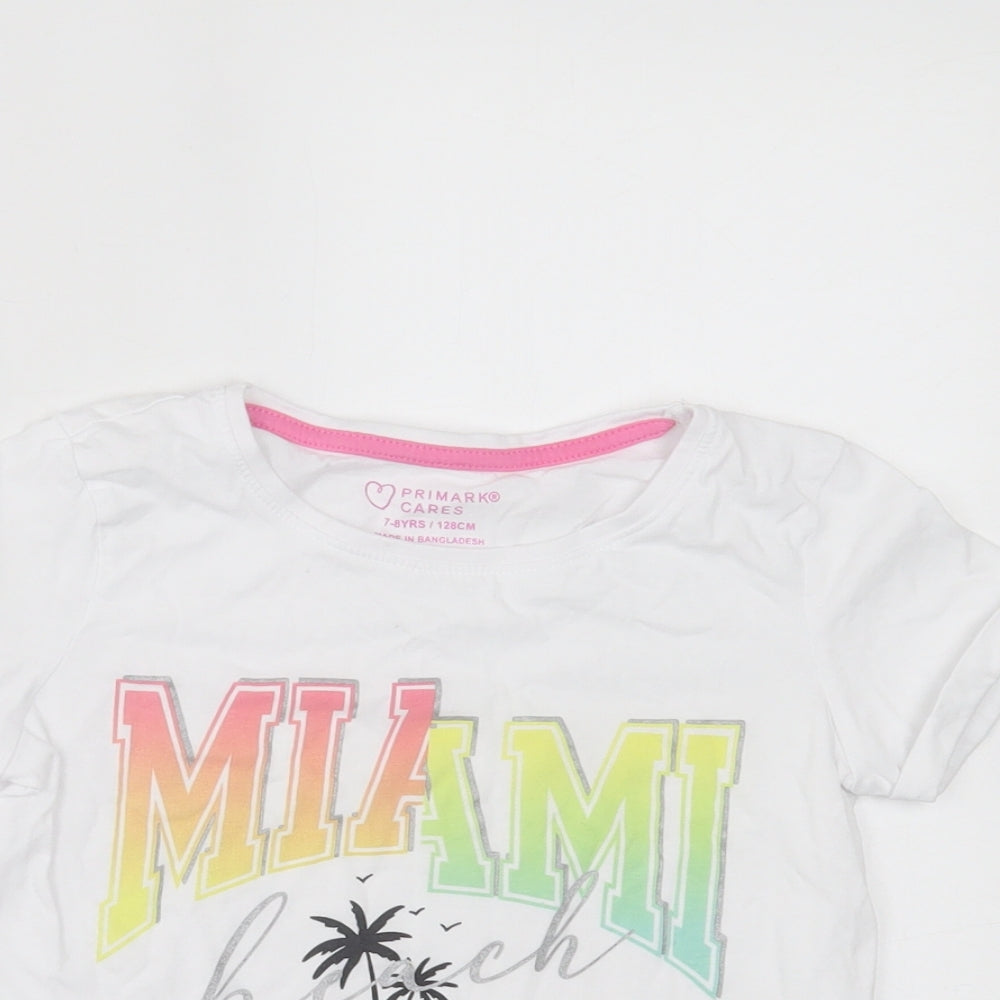 Primark Girls White Cotton Basic T-Shirt Size 7-8 Years Crew Neck Pullover - Miami Beach