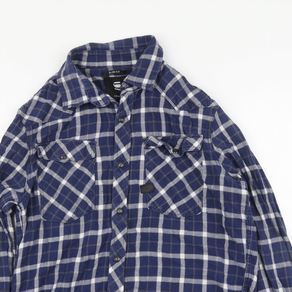 Raw Mens Blue Plaid Cotton Button-Up Size M Collared Button