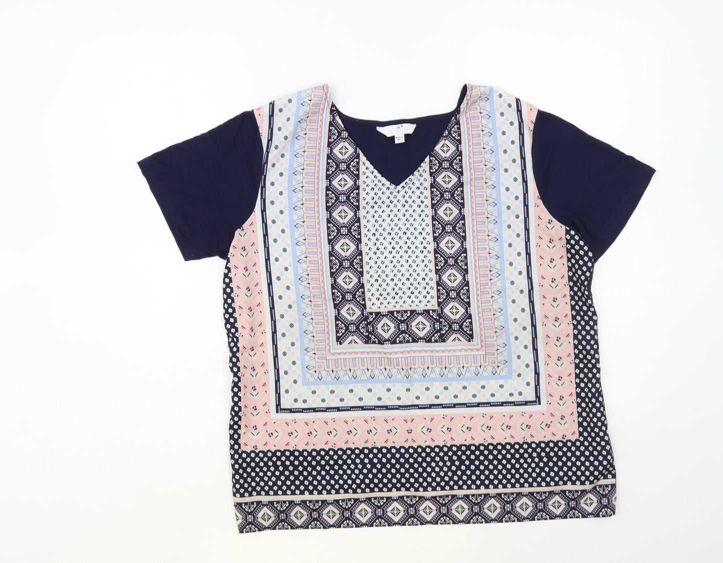 Julipa Womens Blue Geometric Polyester Basic Blouse Size 14 V-Neck