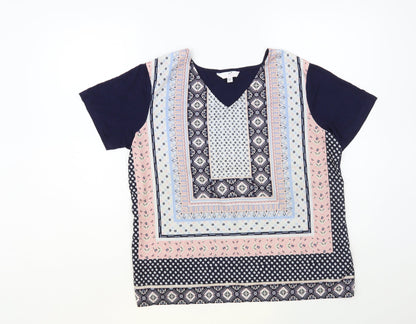 Julipa Womens Blue Geometric Polyester Basic Blouse Size 14 V-Neck