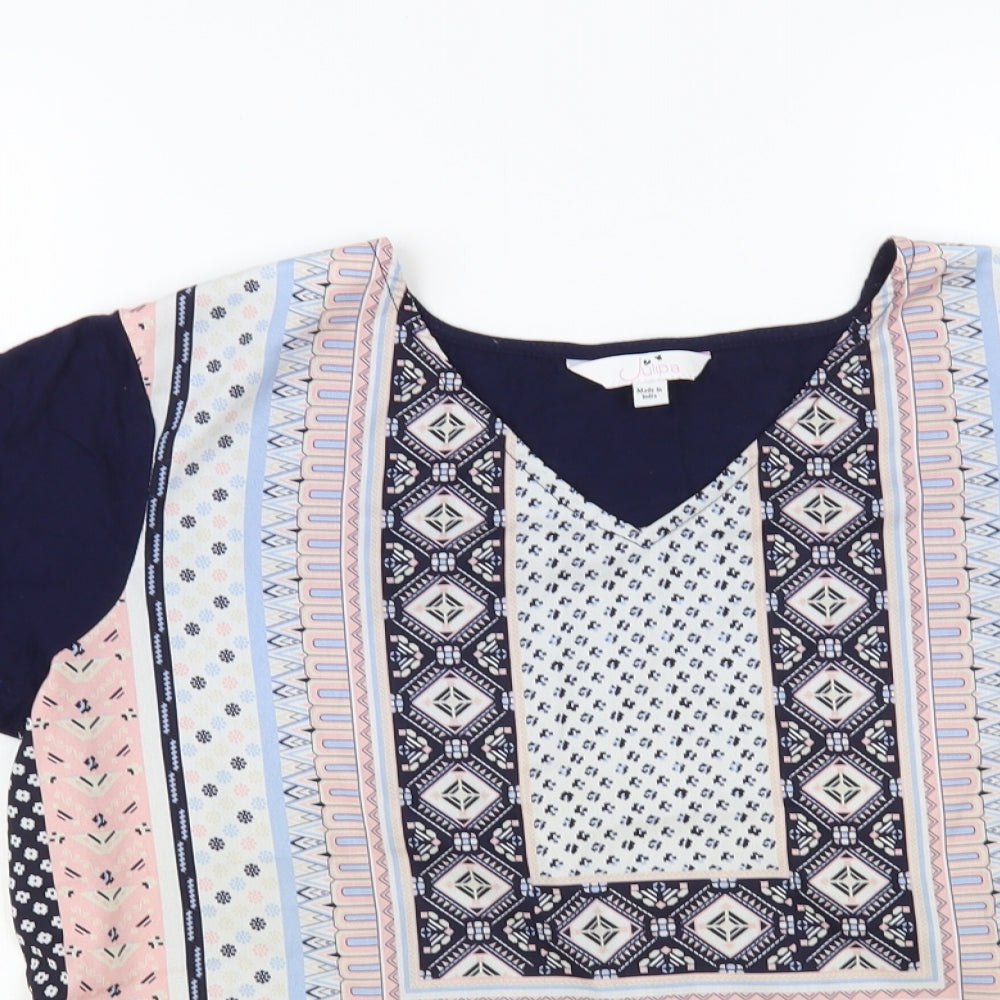 Julipa Womens Blue Geometric Polyester Basic Blouse Size 14 V-Neck