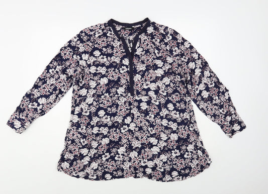Olsen Womens Blue Floral Viscose Basic Blouse Size M V-Neck