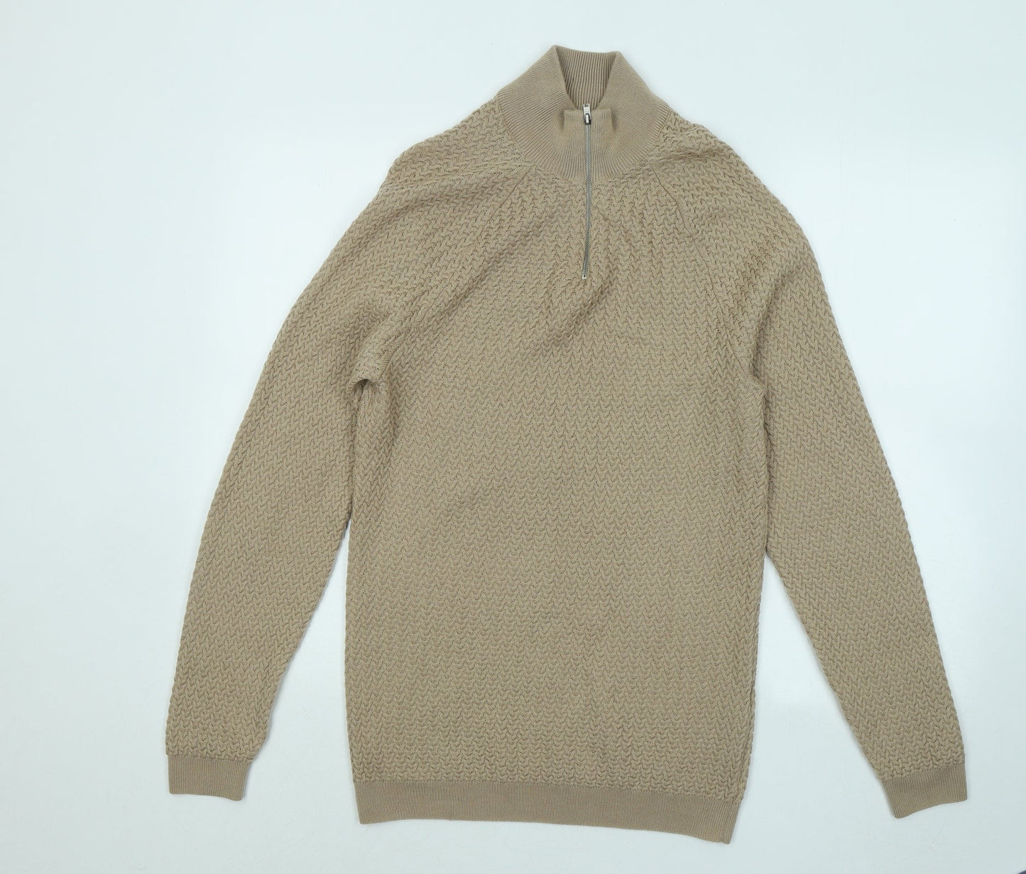 ASOS Mens Beige Mock Neck Geometric Acrylic Pullover Jumper Size M