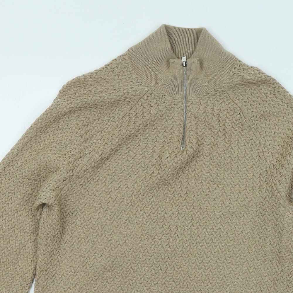ASOS Mens Beige Mock Neck Geometric Acrylic Pullover Jumper Size M