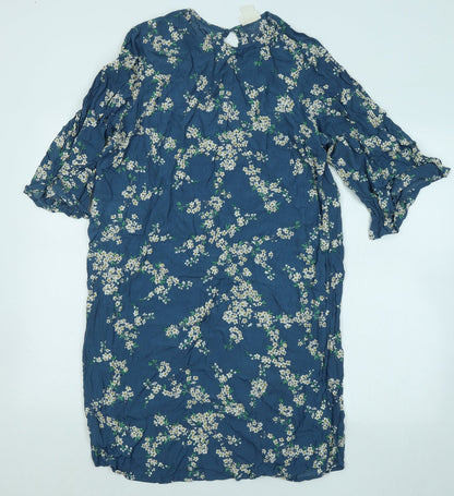 H&M Womens Blue Floral Viscose T-Shirt Dress Size 10 Round Neck Button