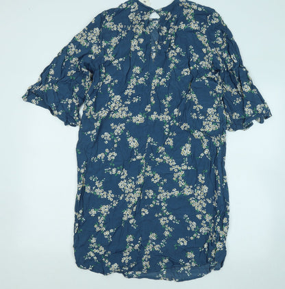 H&M Womens Blue Floral Viscose T-Shirt Dress Size 10 Round Neck Button
