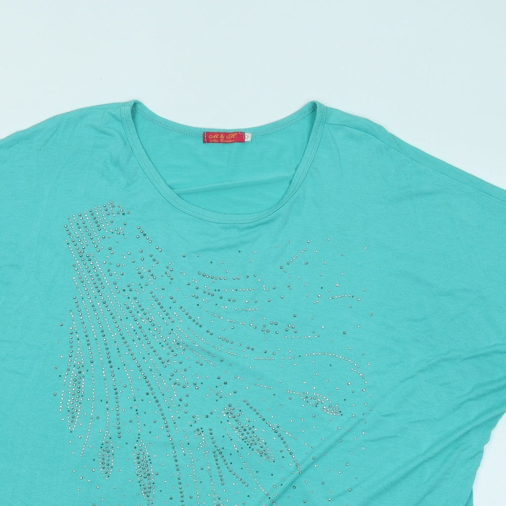 M&H Womens Blue Geometric Cotton Basic T-Shirt Size 3XL Round Neck