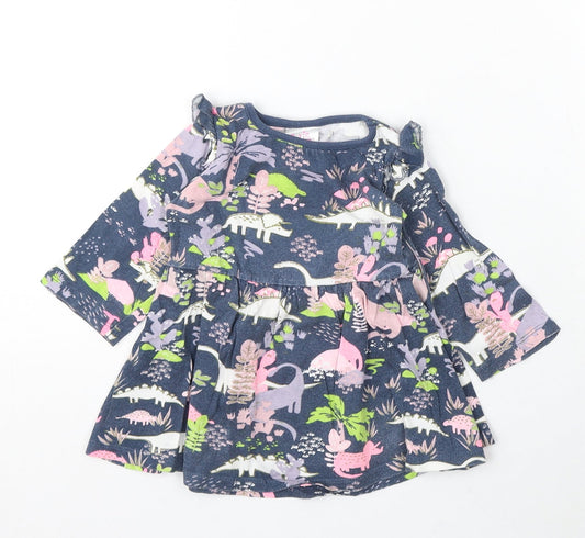 Evie Angel Girls Blue Floral Cotton Skater Dress Size 9-12 Months Round Neck - Cartoon Dinosaurs