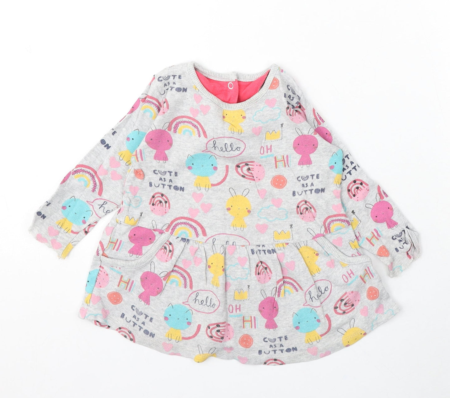 M Girls Grey Geometric Cotton Skater Dress Size 9-12 Months Round Neck Snap - Cartoon Animals