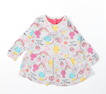 M Girls Grey Geometric Cotton Skater Dress Size 9-12 Months Round Neck Snap - Cartoon Animals