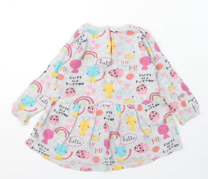 M Girls Grey Geometric Cotton Skater Dress Size 9-12 Months Round Neck Snap - Cartoon Animals