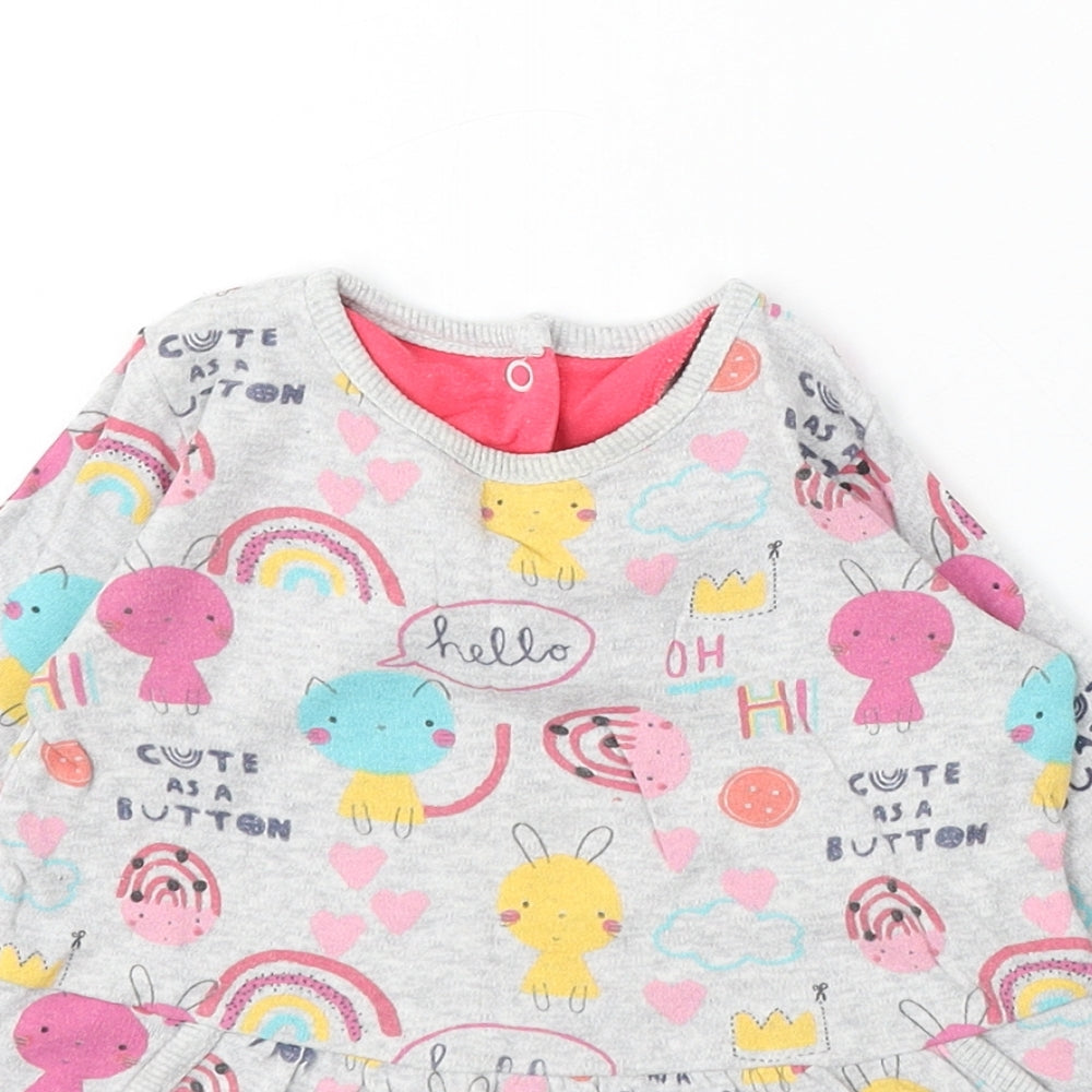 M Girls Grey Geometric Cotton Skater Dress Size 9-12 Months Round Neck Snap - Cartoon Animals