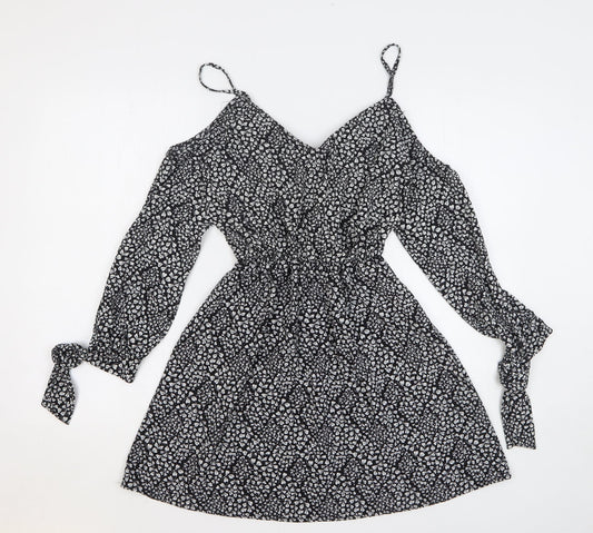 Atmosphere Womens Black Floral Polyester Fit & Flare Size 10 V-Neck - Cold Shoulder