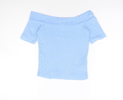 Miss Selfridge Womens Blue Viscose Basic T-Shirt Size 6 Off the Shoulder - Ribbed
