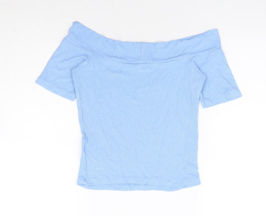Miss Selfridge Womens Blue Viscose Basic T-Shirt Size 6 Off the Shoulder - Ribbed