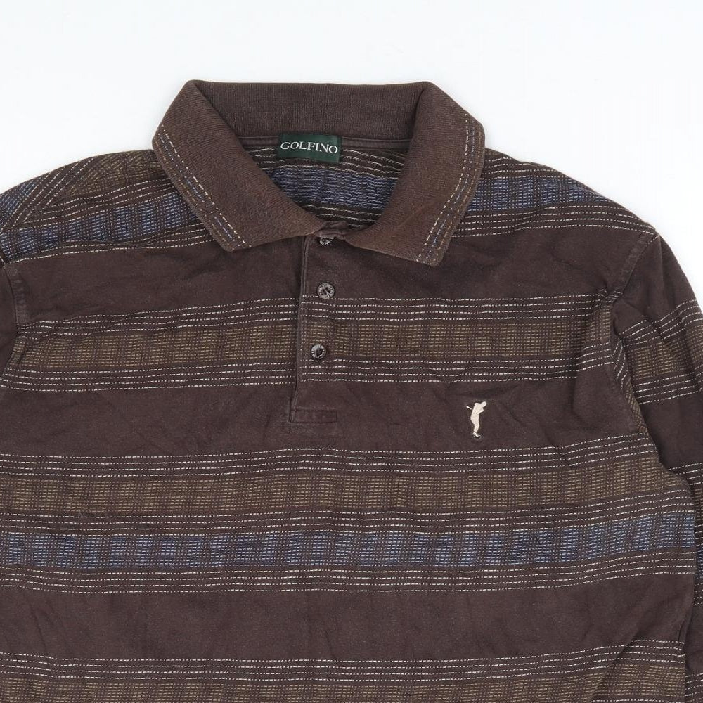 GOLFINO Mens Brown Geometric Cotton Polo Size 40 Collared Button