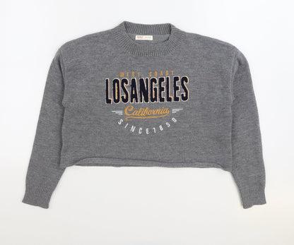 ROMWE Womens Grey Round Neck Acrylic Pullover Jumper Size S - Los Angeles, Cropped