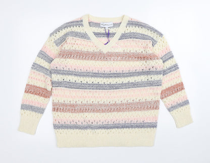Mud Flowers Womens Multicoloured Round Neck Striped Acrylic Pullover Jumper Size S