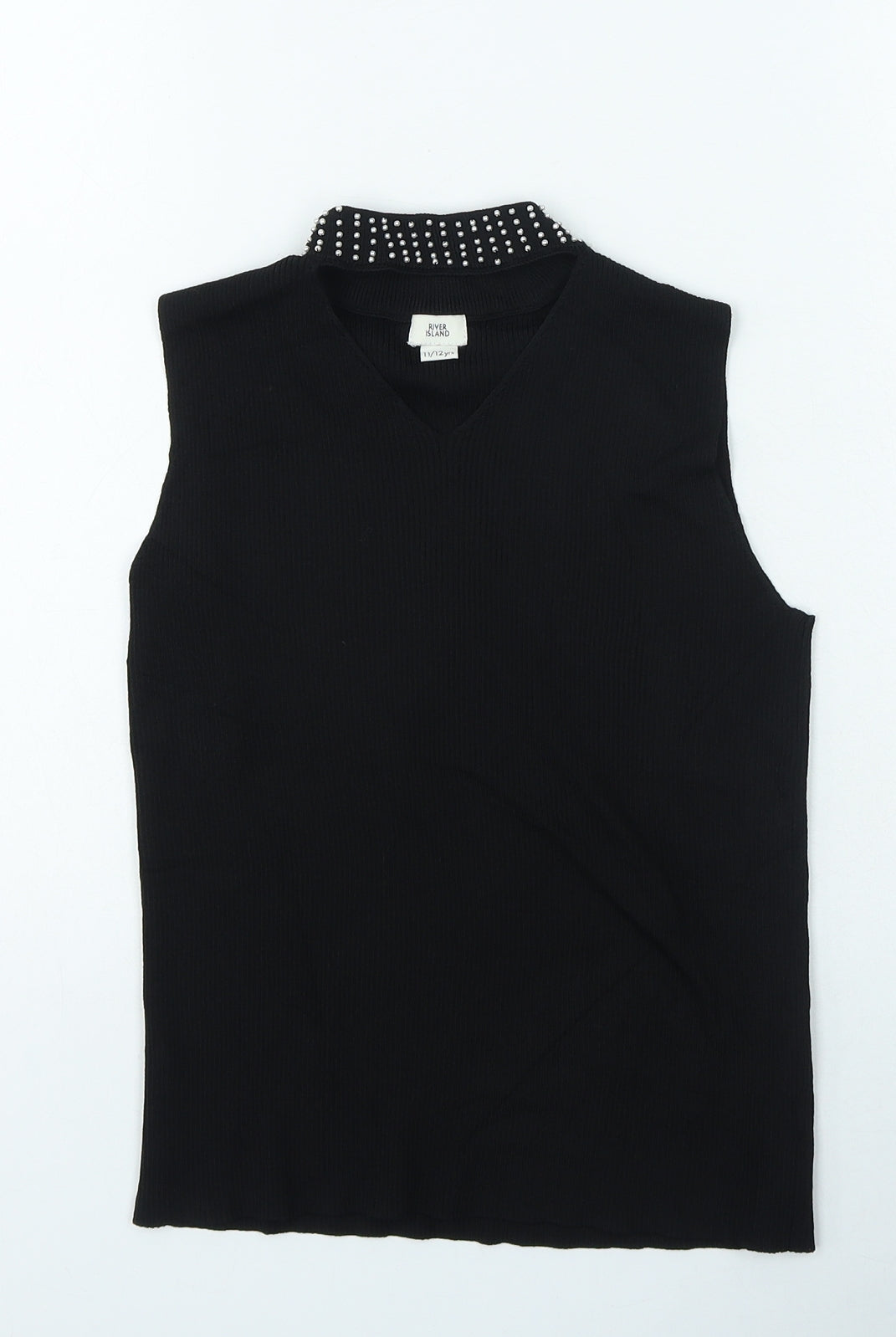River Island Girls Black Vinyl Basic Tank Size 11-12 Years V-Neck Pullover