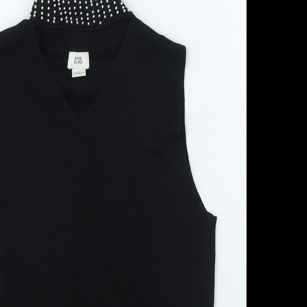 River Island Girls Black Vinyl Basic Tank Size 11-12 Years V-Neck Pullover