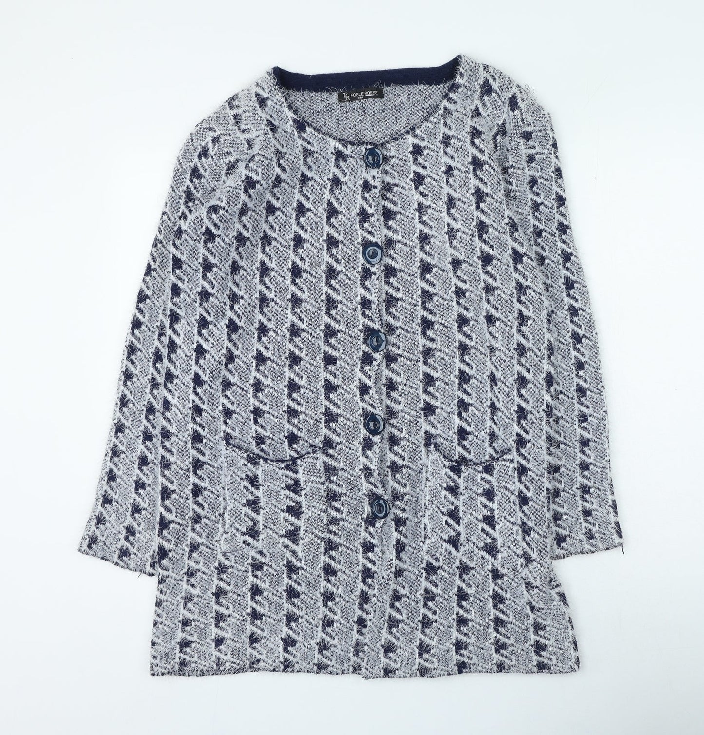 foglie rosse Womens Grey Round Neck Geometric Acrylic Cardigan Jumper Size M
