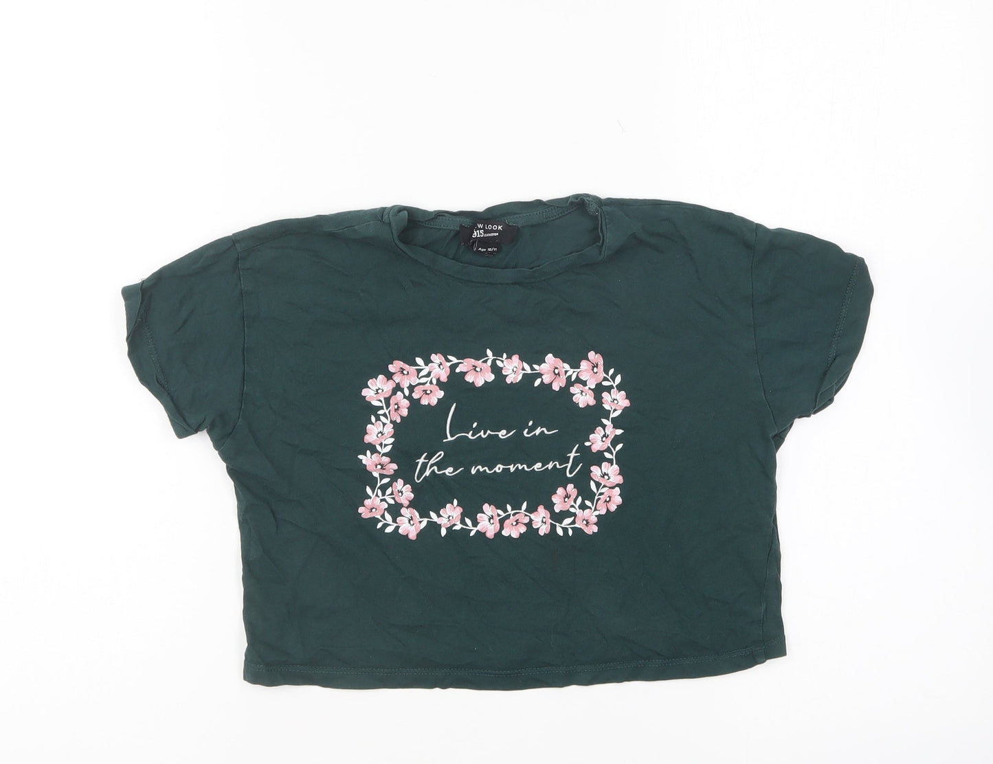 New Look Girls Green Cotton Cropped T-Shirt Size 10-11 Years Round Neck Pullover - Live In The Moment