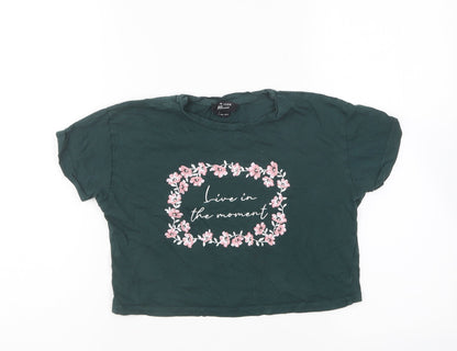 New Look Girls Green Cotton Cropped T-Shirt Size 10-11 Years Round Neck Pullover - Live In The Moment
