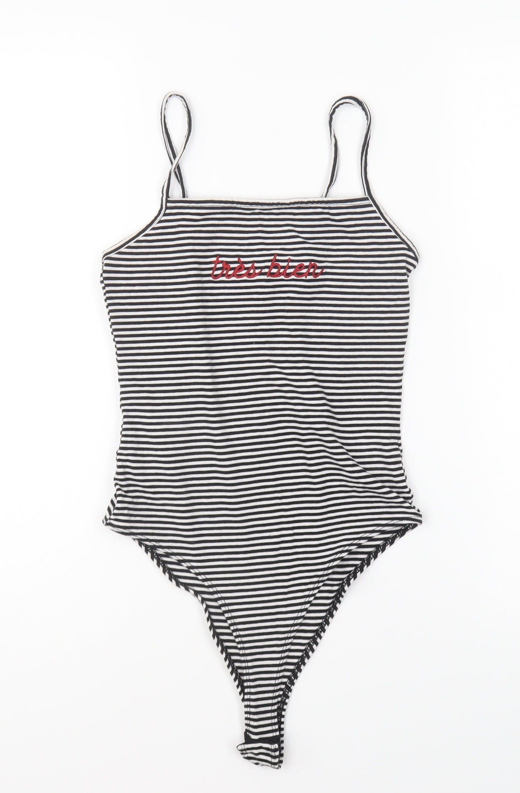 New Look Womens Black Striped Cotton Bodysuit One-Piece Size 8 Snap - Tres bien