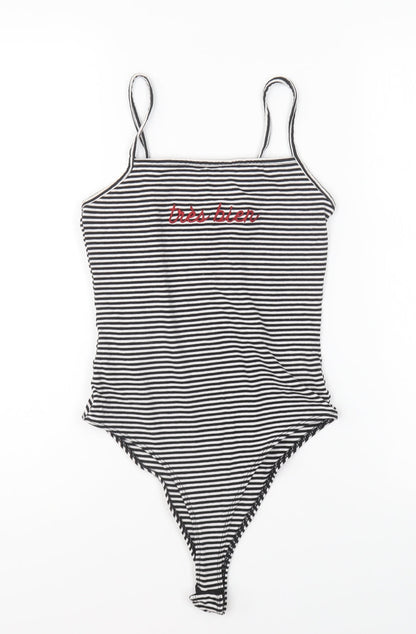 New Look Womens Black Striped Cotton Bodysuit One-Piece Size 8 Snap - Tres bien