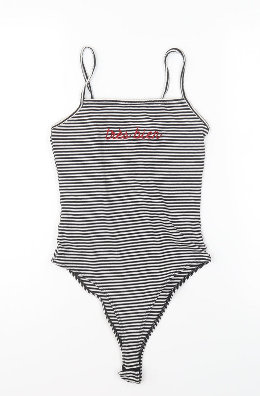 New Look Womens Black Striped Cotton Bodysuit One-Piece Size 8 Snap - Tres bien