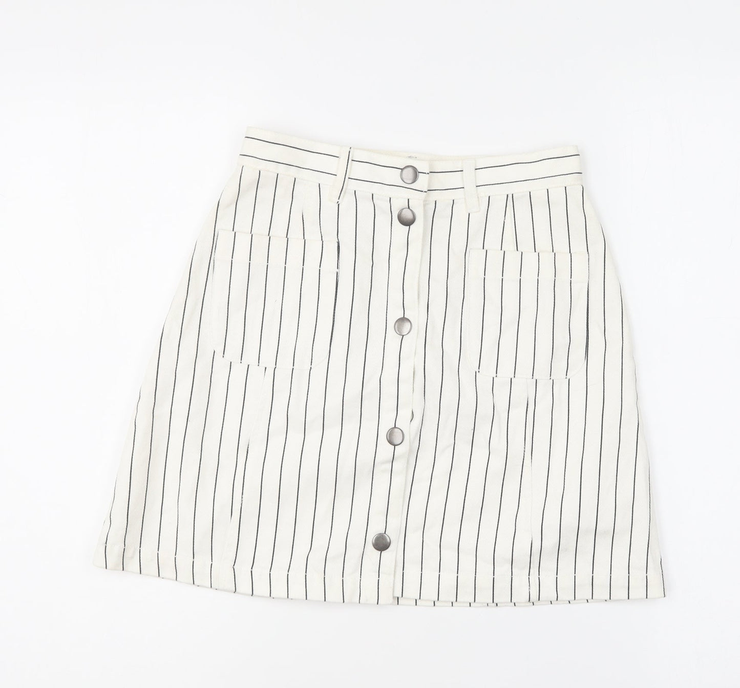 Monki Womens Ivory Striped Cotton Mini Skirt Size 4 Button