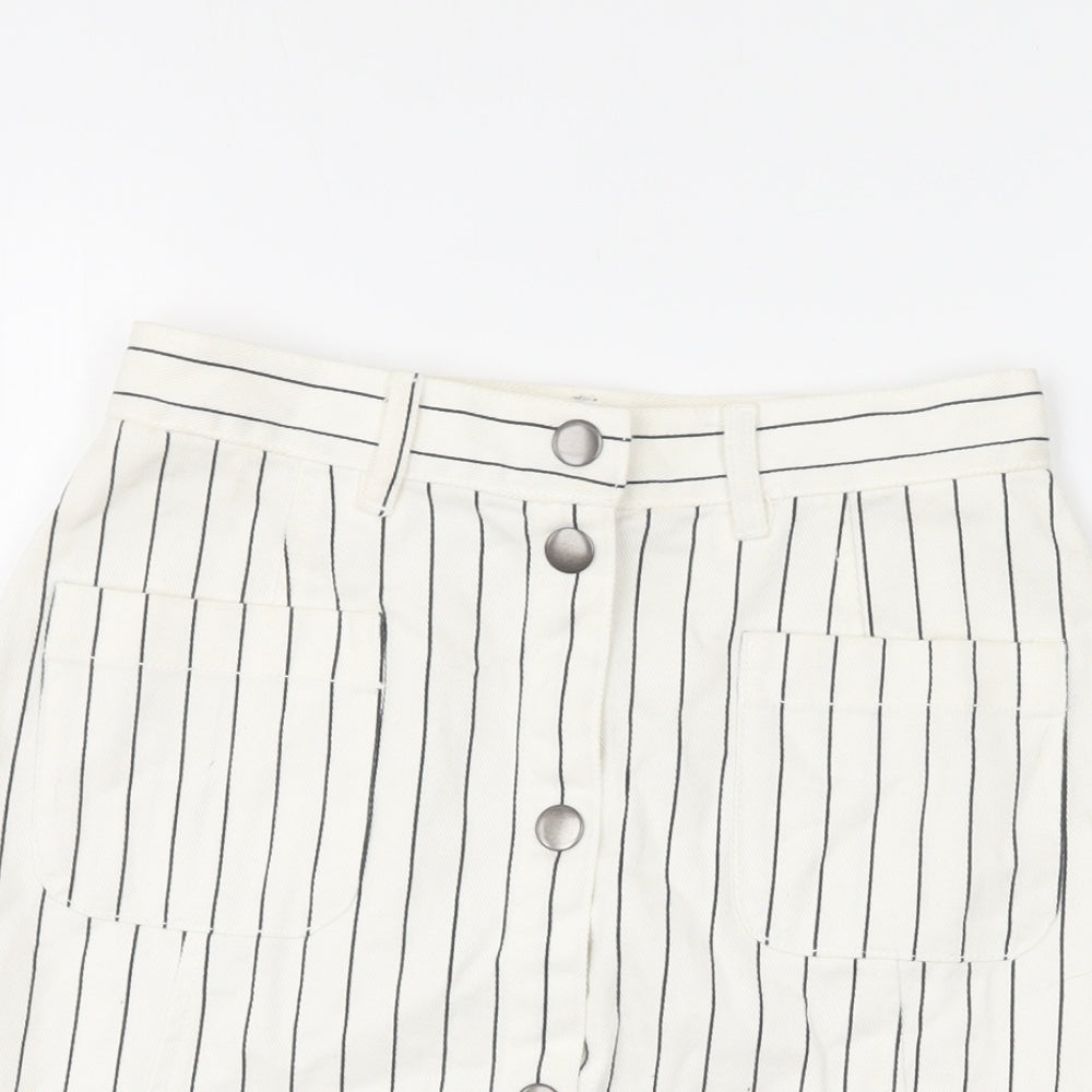 Monki Womens Ivory Striped Cotton Mini Skirt Size 4 Button