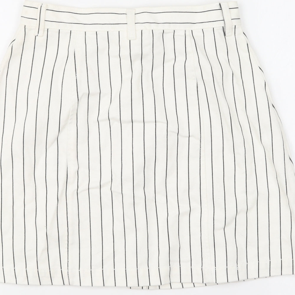Monki Womens Ivory Striped Cotton Mini Skirt Size 4 Button
