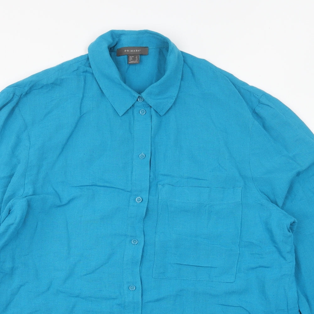 Primark Womens Blue Cotton Basic Button-Up Size 8 Collared