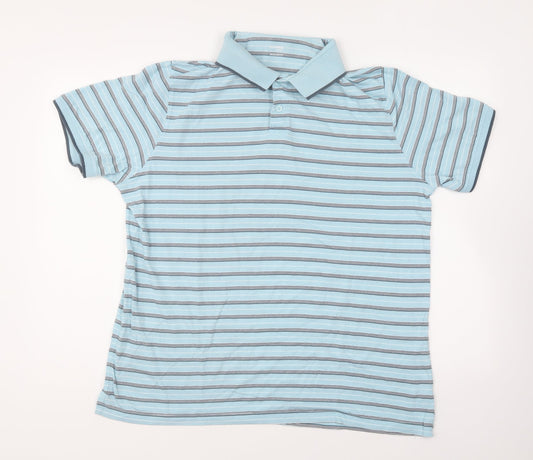 Dunnes Stores Mens Blue Striped Cotton Polo Size L Collared Button