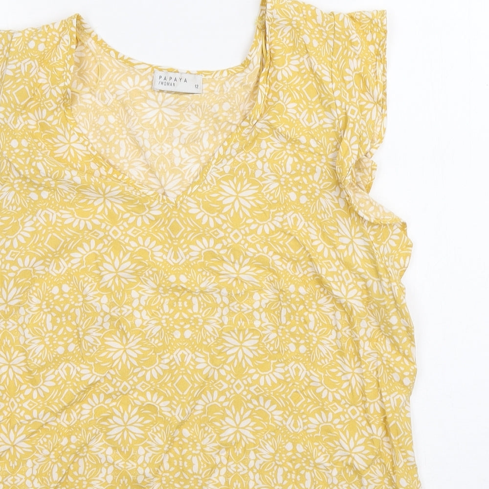 Papaya Womens Yellow Floral Viscose Basic Tank Size 12 V-Neck