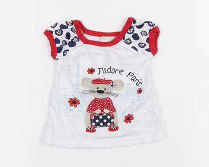 Pitter Patter Girls White Cotton Basic T-Shirt Size 12 Months Round Neck Pullover - J'adore Paris