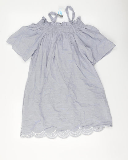 Primark Womens Blue Striped Cotton A-Line Size 10 Square Neck Pullover