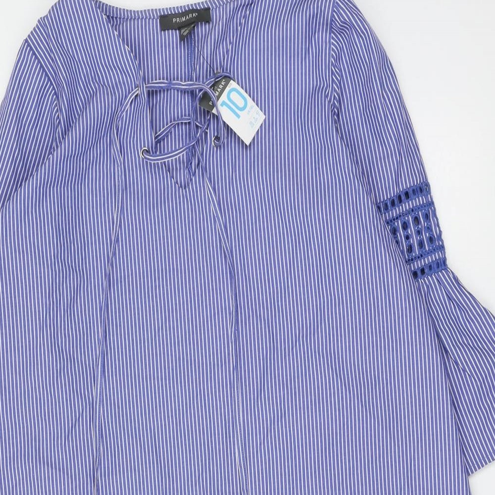 Primark Womens Blue Striped Polyester A-Line Size 10 V-Neck Pullover